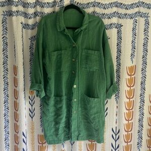 Green Button-Front washed Linen Jacket—handmade